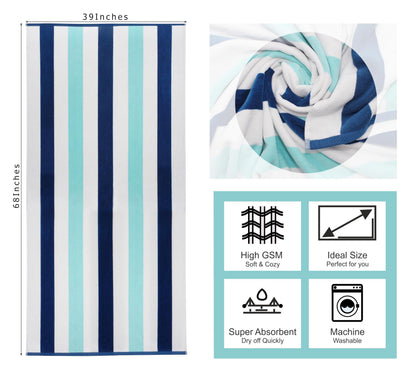 COTTON CRAFT Oversized XL Beach Towel - 2 Pack 39 x 68 inches Big & Huge Beach Blanket Towel - 100% Cotton Velour Thick Plush 450 GSM Super Soft Luxury - Pool Picnic Bath Towel - Cabana Stripe Blue