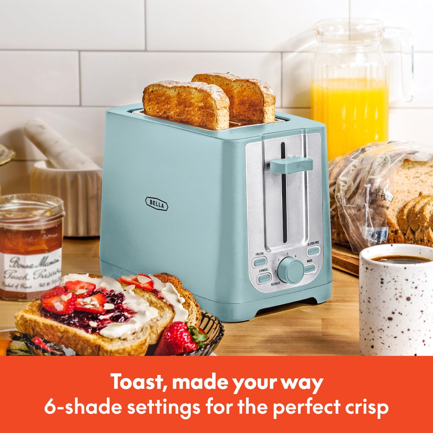 BELLA 2 Slice Toaster with Auto Shut Off - Extra Wide Slots & Removable Crumb Tray and Cancel, Defrost & Reheat Function - Toast Bread, Bagel & Waffle, Aqua