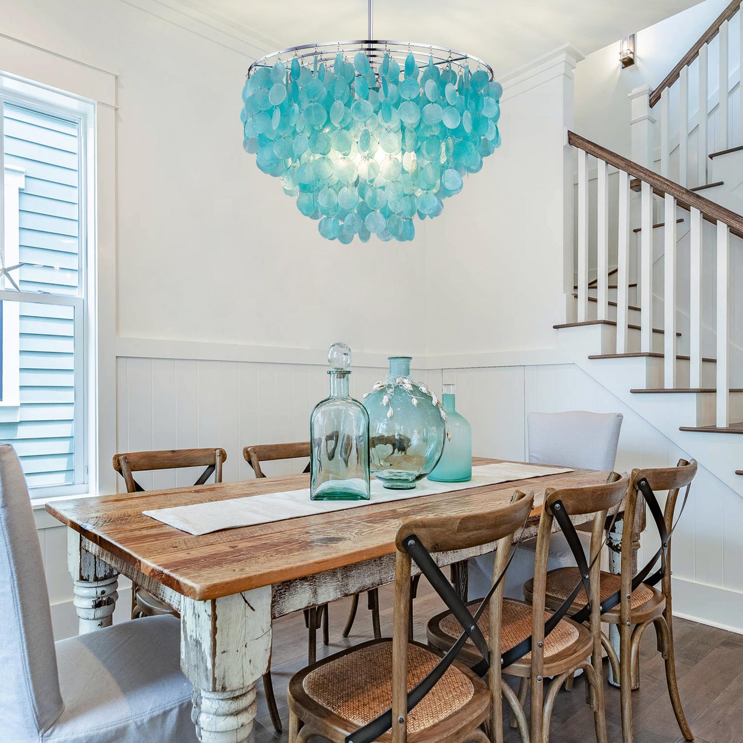 Wellmet Natural Capiz Shell Chandelier, 6 Lights Coastal Modern Blue Capiz Chandelier Pendant Lighting, Hanging Round Layered Chandelier for Living Room, Bedroom, Kitchen, Foyer, 23.62” D