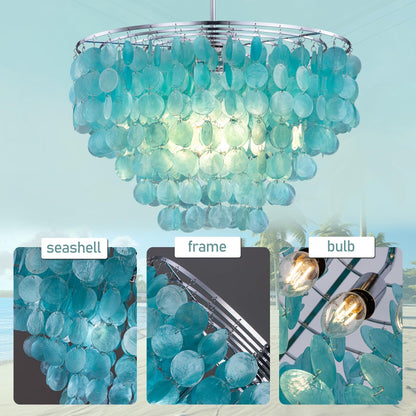 Wellmet Natural Capiz Shell Chandelier, 6 Lights Coastal Modern Blue Capiz Chandelier Pendant Lighting, Hanging Round Layered Chandelier for Living Room, Bedroom, Kitchen, Foyer, 23.62” D