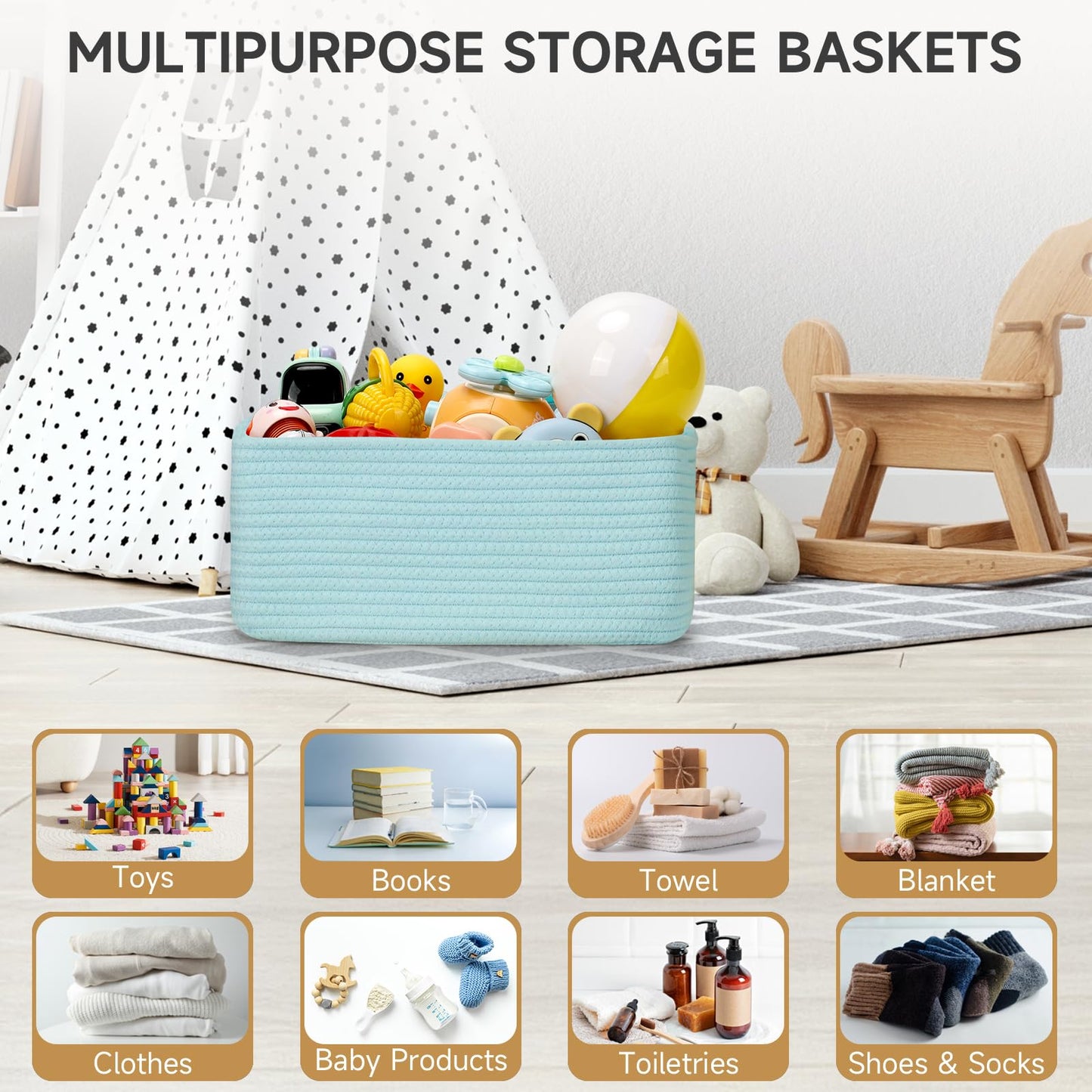 Maxuni 3-Pack Small Storage Baskets for Organizing | Woven Shelf Toy Basket | Rope Baskets for Gifts Empty | Closet Organizer Bins with Handles | Cube Decorative Box | 11.8×7.8×5.1” | Light Blue