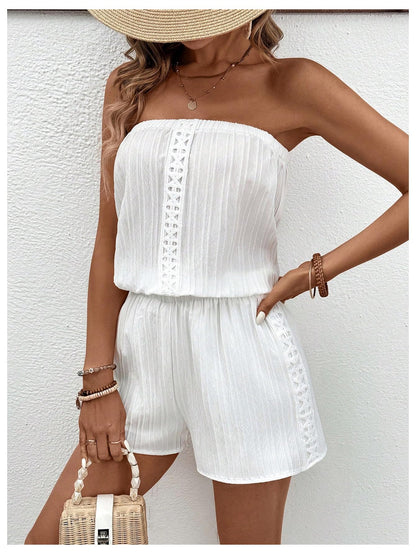 SweatyRocks Women's 2 Piece Boho Textured Tube Top with Wide Leg Shorts Set Summer Outfits White Medium