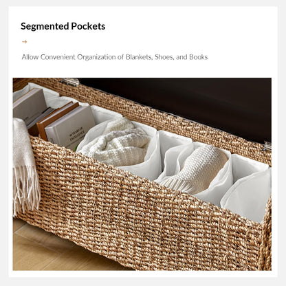 HULALA HOME Rattan Storage Bench, Rattan Upholstered End of Bed Bench with Roll Arm & Solid Wood Legs, Natural
