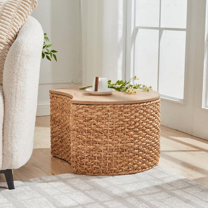 Giofanzo Round Nesting Coffee Table Set of 2 with Storage - Handwoven Wicker Rattan Ottoman Style, Boho Coastal Coffee Tables for Living Room, Rattan Coffee Table with Cover & Soild Wood Frame