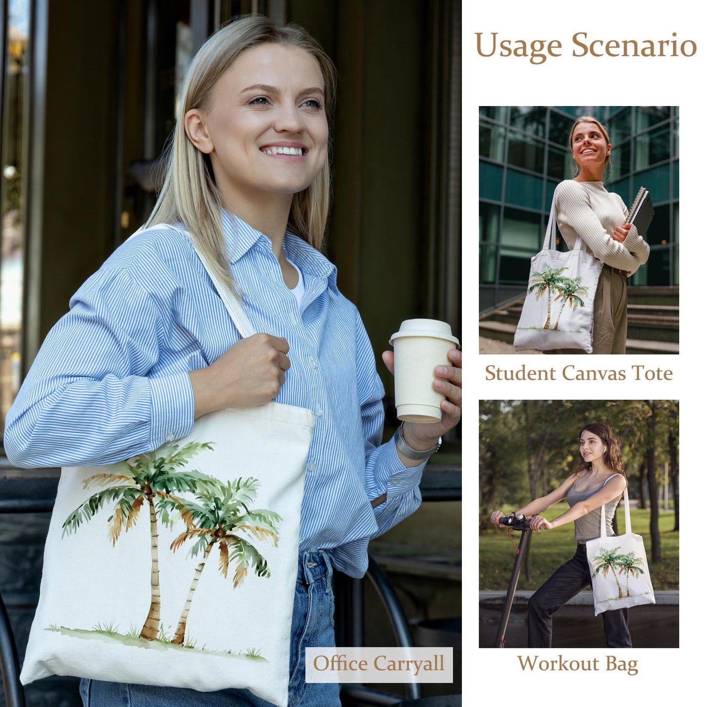 LADOCK Tropical Palm Tree Tote Bag, Summer Coastal Beach Canvas Tote Bags for Women, Beach Lover Gifts for Women, Coastal Tropical Botanical Reusable Grocery Shopping Bags