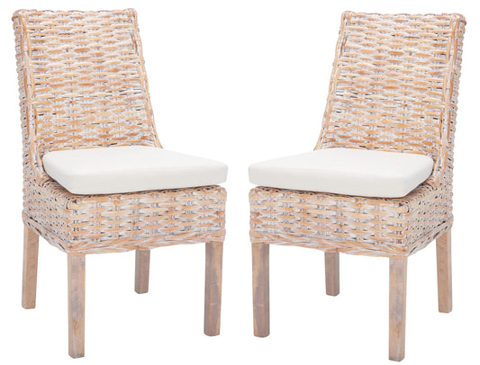 SAFAVIEH Home Collection – Suncoast Set of 2 Natural White Wash Rattan Arm Chairs with Cushions, Coastal Style Seating, Fully Assembled (FOX6540A-SET2)