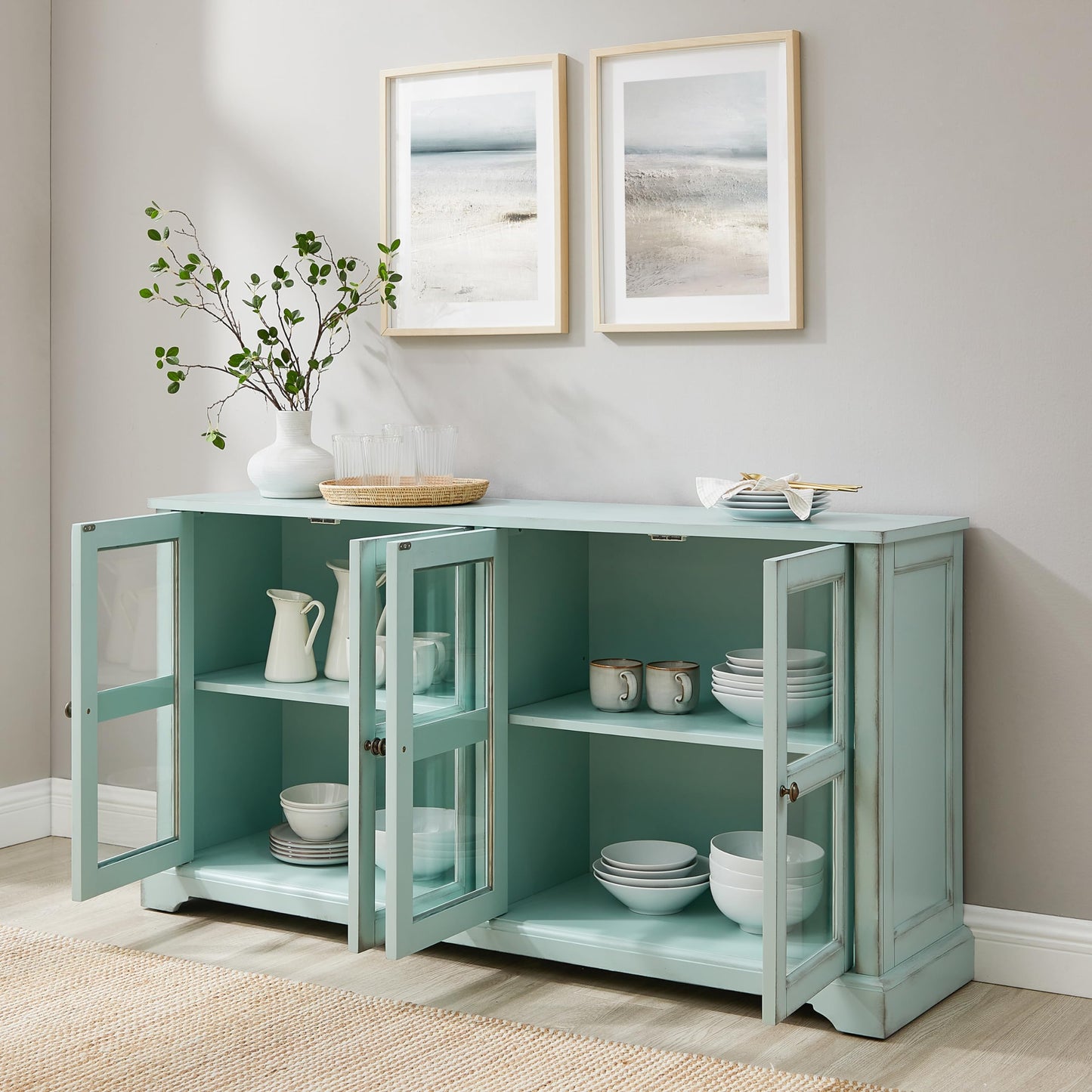 Crosley Furniture Holbrook Traditional Glass Door Sideboard Buffet Cabinet, Kitchen Storage, TV Stand, Distressed Seafoam Blue