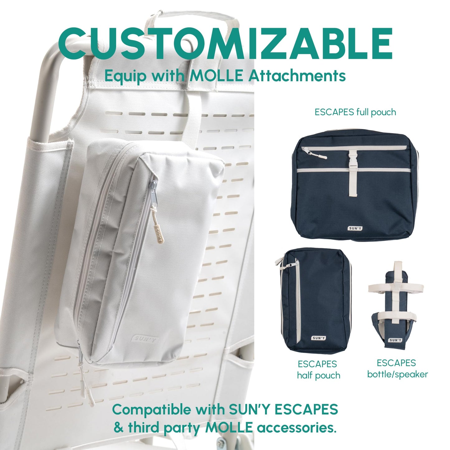 SUN'Y Escapes Backpack Beach Chair - Made w/Ocean Bound Plastics, Customizable w/MOLLE Accessories, Ultra Lightweight, Low-Seat Natural Comfort, Durable, Rust Free & Waterproof - Seashell White