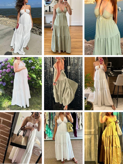 Narecte Women's Maxi Summer Dresses Halter V Neck Beach Dresses for Women A-Line Casual Dress for Vacation Dusty Blue M
