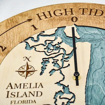 Sea & Soul Amelia Island Tide Clock, 3D Water Depth Tidal Clock, Nautical Map High Tide Clock, Fisherman Gift, Coastal Décor, Nautical Décor (Birch/Blue Green)