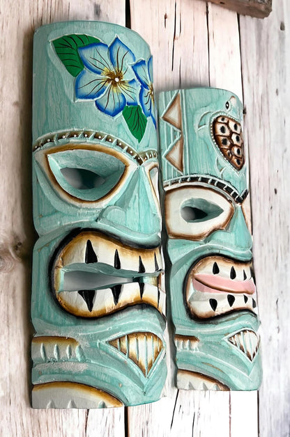 Top Brass Set of 2 – Aqua Teal Tiki Mask – Unique Hand Carved Wall Hanging or Freestanding Sculpture – Tropical Polynesian Flowers and Hawaiian Sea Turtle – Tribal Party Beach Luau Bar Decor