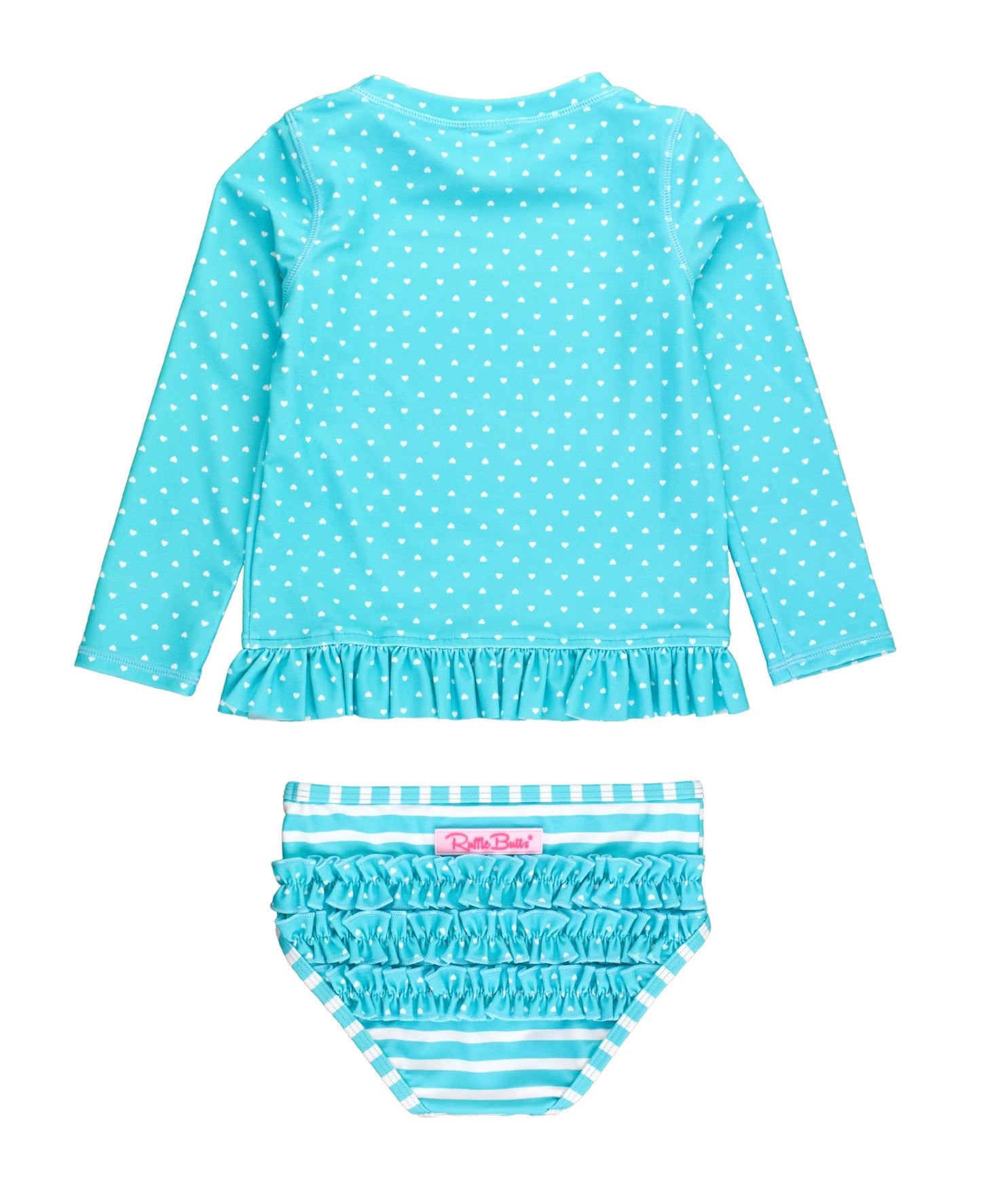 RuffleButts Bright Aqua Heart Polka Dot Long Sleeve Rash Guard Bikini - 7