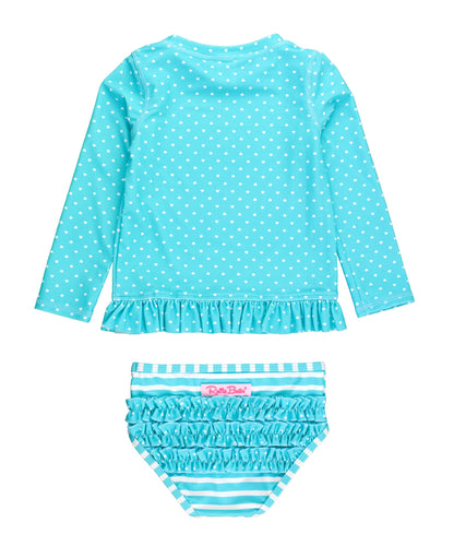 RuffleButts Bright Aqua Heart Polka Dot Long Sleeve Rash Guard Bikini - 7