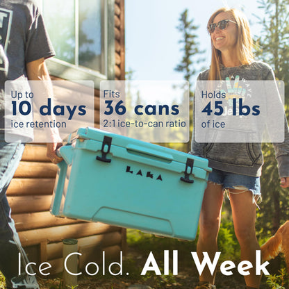 Laka Cooler – 45 Quart Rotomolded Hard Cooler, Insulated Ice Chest Holds 36 Cans/45lb Ice, Up to 10 Days Cold, Drain Plug + Basket, Non-Slip Feet, Beach Boat Camping Tailgate - Seafoam