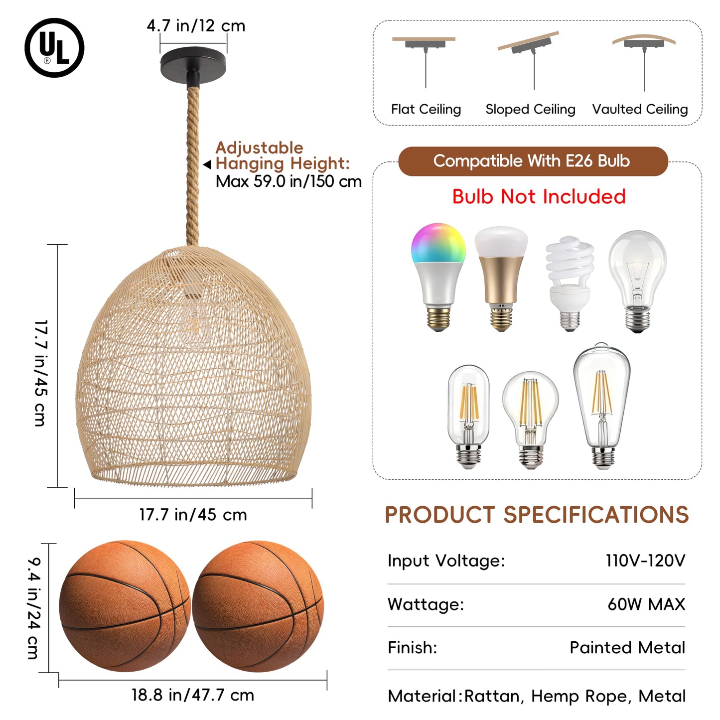 WALMHEIM 17.7" Large Farmhouse Chandeliers for Dining Room, 1-Light Rattan Boho Chandelier Light Fixture Coastal Wicker Hanging Pendant Lighting for Kitchen Island Bedroom Living Room Nursery