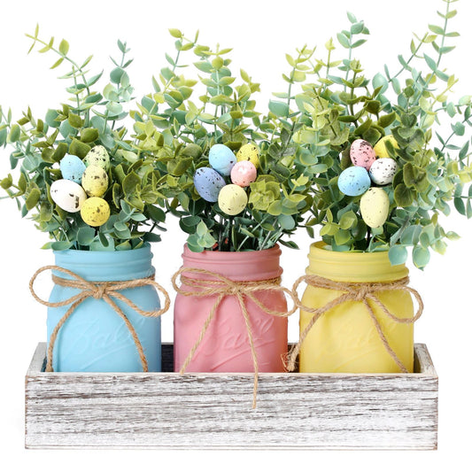 Easter Decorations, Mason Jar Centerpiece for Dinning Table with Wood Tray & Easter Eggs Decor, Table Decor for the Home, Spring Decorations for Home