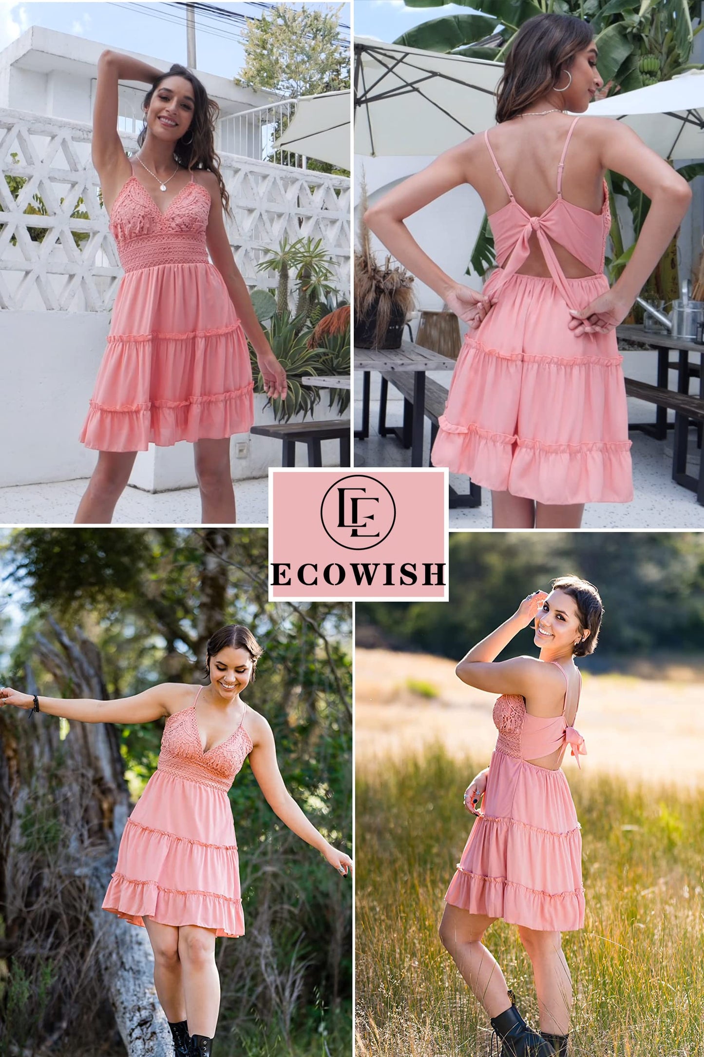 ECOWISH Summer Dresses for Women 2025 V-Neck Spaghetti Strap Bowknot Backless Sleeveless Lace Mini Swing Skater Dress Pink-1 Large