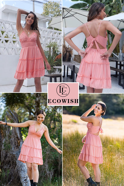 ECOWISH Summer Dresses for Women 2025 V-Neck Spaghetti Strap Bowknot Backless Sleeveless Lace Mini Swing Skater Dress Pink-1 Large