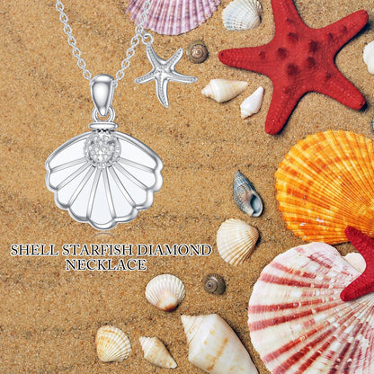 LWXIE Diamond Shell Starfish Necklace 925 Sterling Silver Sea Shell Charm Necklace for Women Beach Jewelry Gifts for Birthday