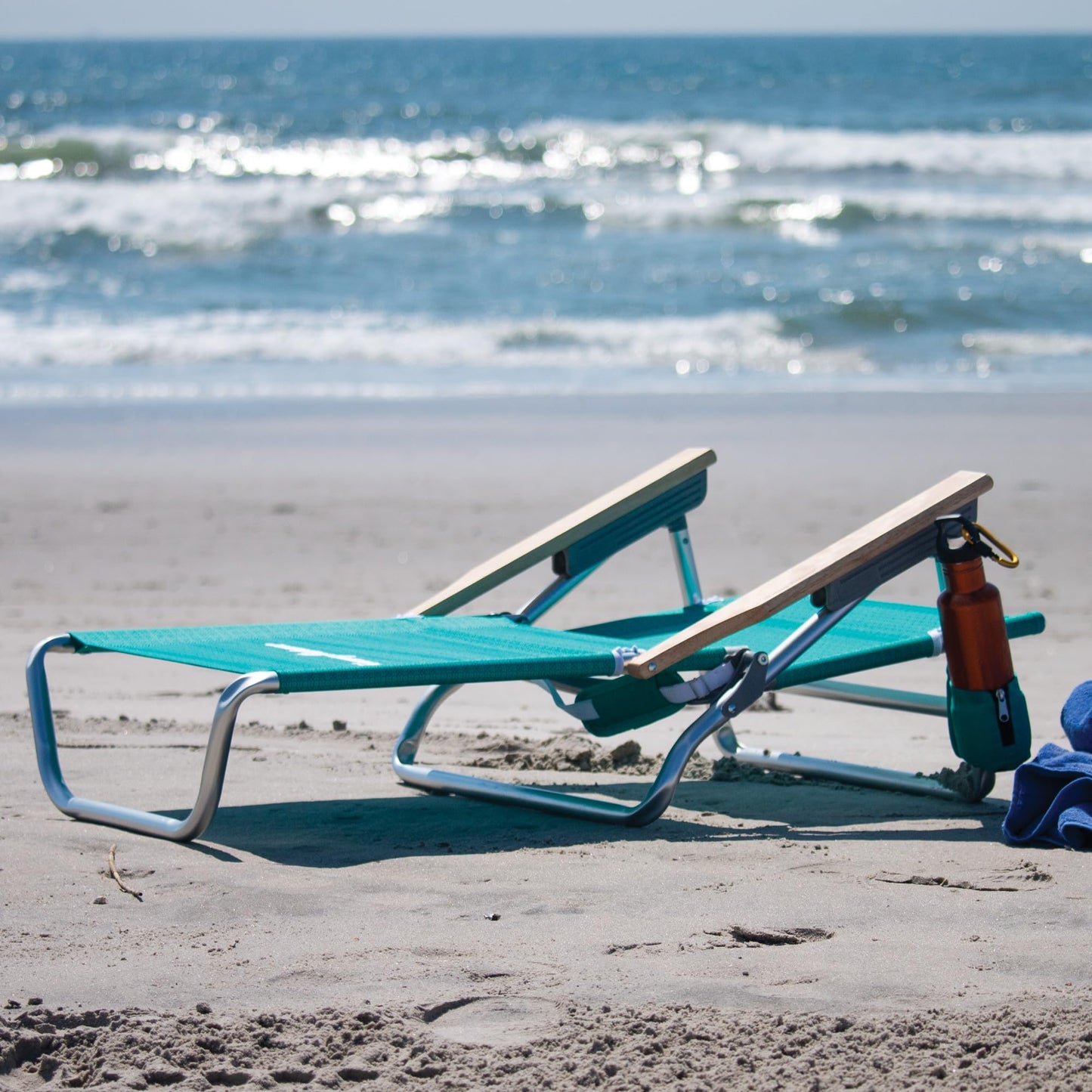 Tommy Bahama 5-Position Lay Flat Cup Holder and Towel Bar Beach Chair, 1-Pack, Turquoise Check