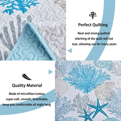 Tritard 3 Piece Coastal Quilt Sets King Size - Reversible Microfiber Quilts with 2 Shams Soft Lightweight Beach Bedding Nautical Bedspread Coverlet Summer Comforter Set for All Season, 106''x96''