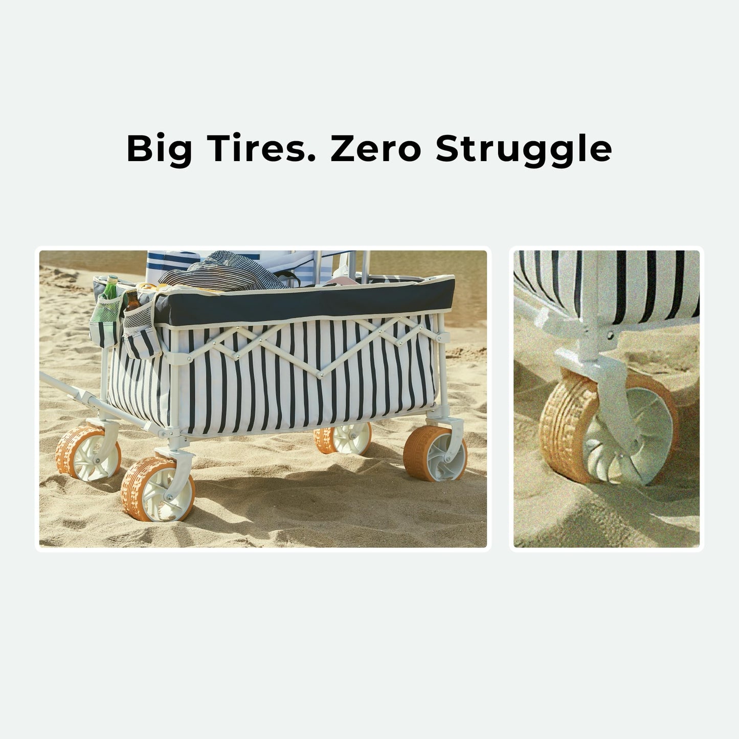 DEER LAND Beach Wagon Cart with Big 6.7" Fat Tires, Foldable Sand Wagon for Beach, Camping & Outdoor Use – Large Capacity, Easy Pull Design, Heritage Navy Stripe