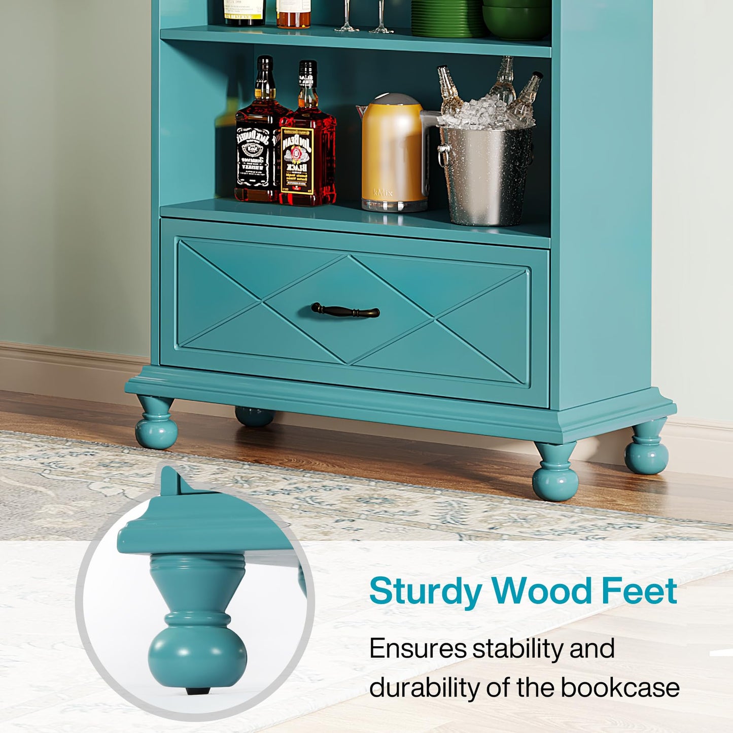 Tribesigns 6-Shelf Bookcase Set of 2, 71 Inch Tall Floor Standing Bookshelf with Drawer and Solid Wood Legs, 6-Tier Large Display Storage Book Shelf for Home Office, Ocean Blue