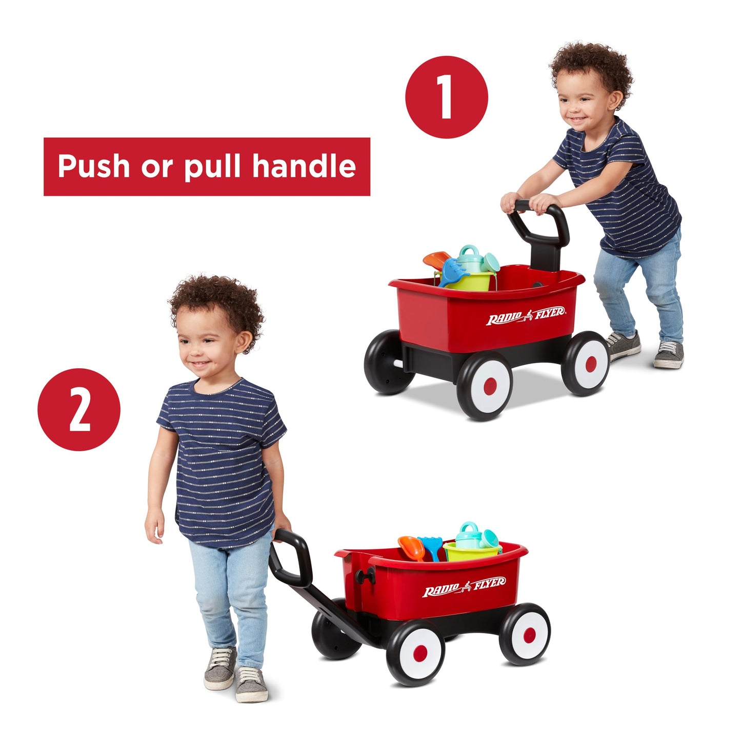 Radio Flyer My 1st Wagon 2-in-1 Walker & Pull Wagon with Beach and Garden Tools for Toddlers Ages 1-4, Red