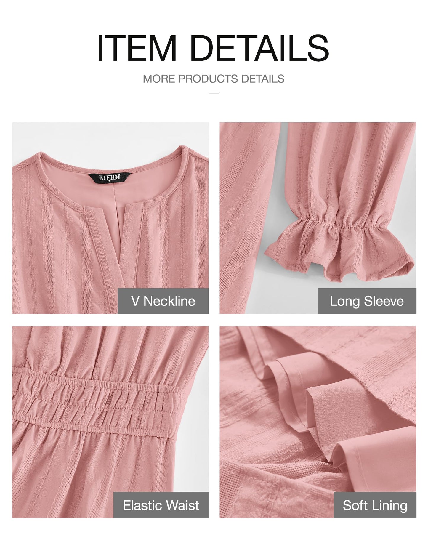 BTFBM Mini Dresses for Women 2026 Casual Lightweight Long Sleeve V Neck A Line Elastic Waist Party Holiday Dress(Pink, XX-Large)