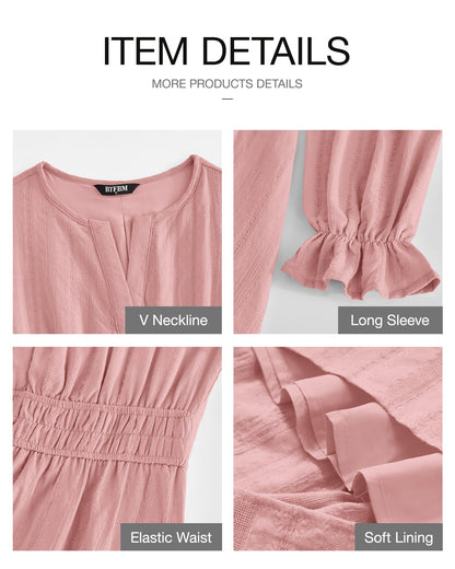 BTFBM Mini Dresses for Women 2026 Casual Lightweight Long Sleeve V Neck A Line Elastic Waist Party Holiday Dress(Pink, XX-Large)