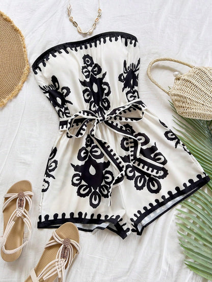 Floerns Women's Boho Floral Strapless Jumpsuit Sleeveless Vacation Short Belted Romper Black and White Small