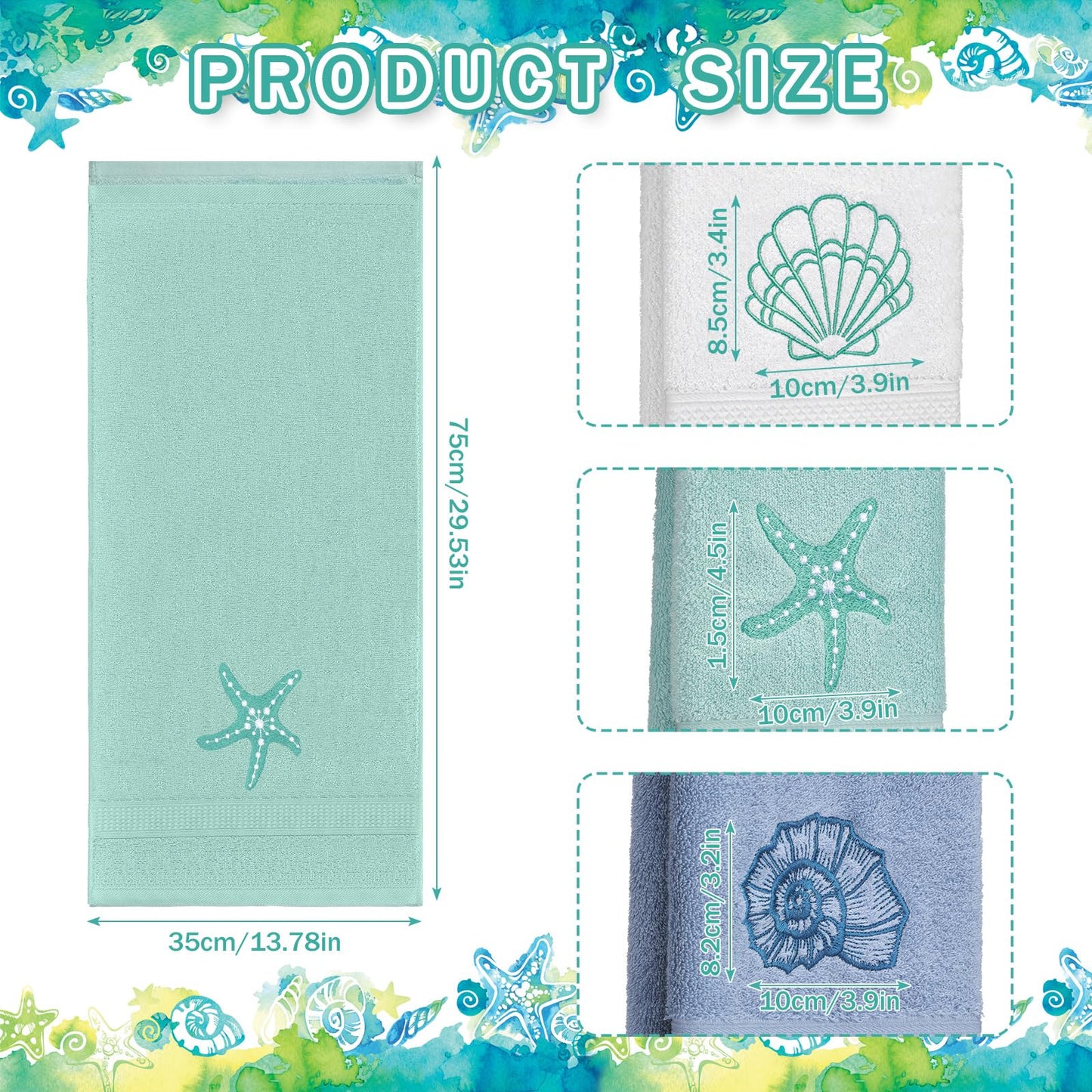 Hahafelt 3 Pack Coastal Hand Towels for Bathroom 100% Cotton Embroidered Beach Bathroom Towels 13.8 x 29.5'' Seashell Starfish Conch Blue Finger Towel Nautical Decorative Towel Gift for Summer Holiday