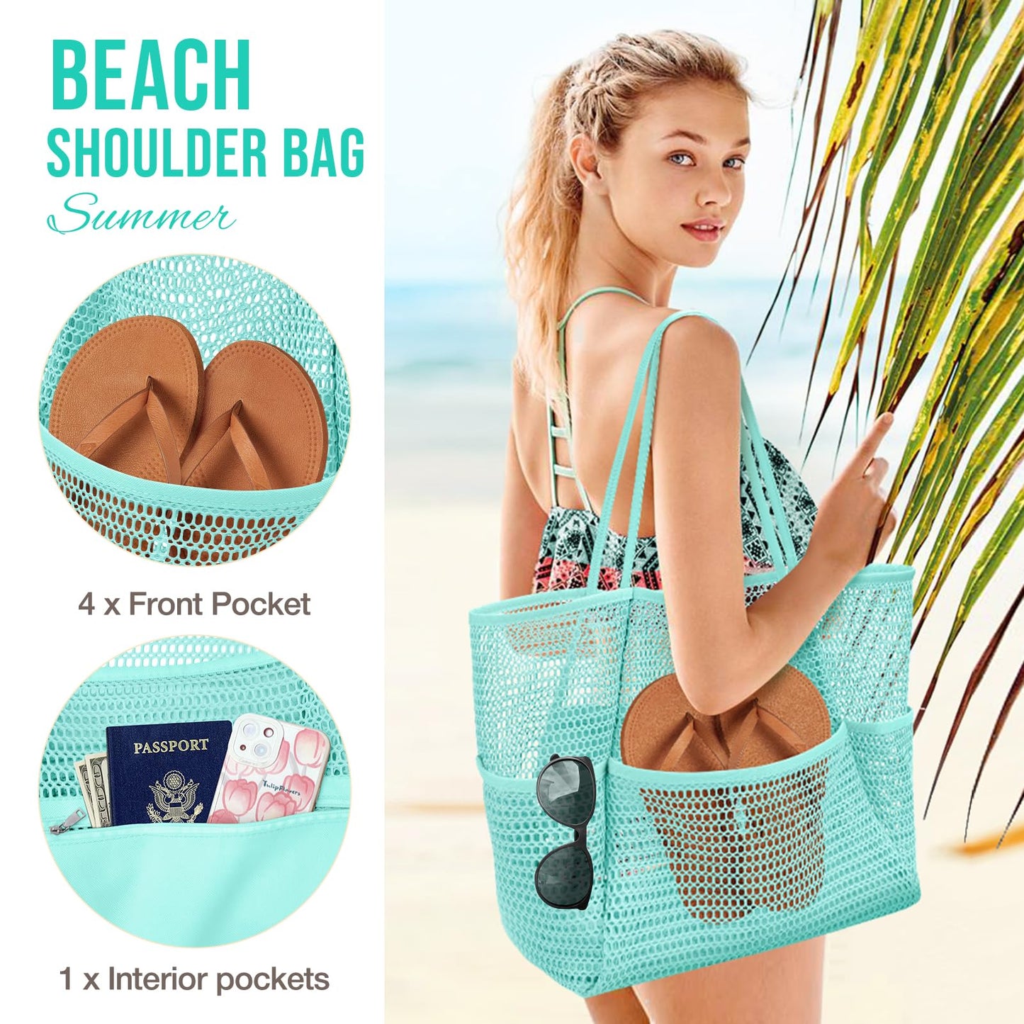 KPX Mesh Beach Bag, Tote Bag for Women Large Foldable Mesh Swimming Bag with Pockets - Sandproof, Waterproof (Blue-Style2)