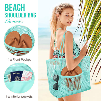 KPX Mesh Beach Bag, Tote Bag for Women Large Foldable Mesh Swimming Bag with Pockets - Sandproof, Waterproof (Blue-Style2)