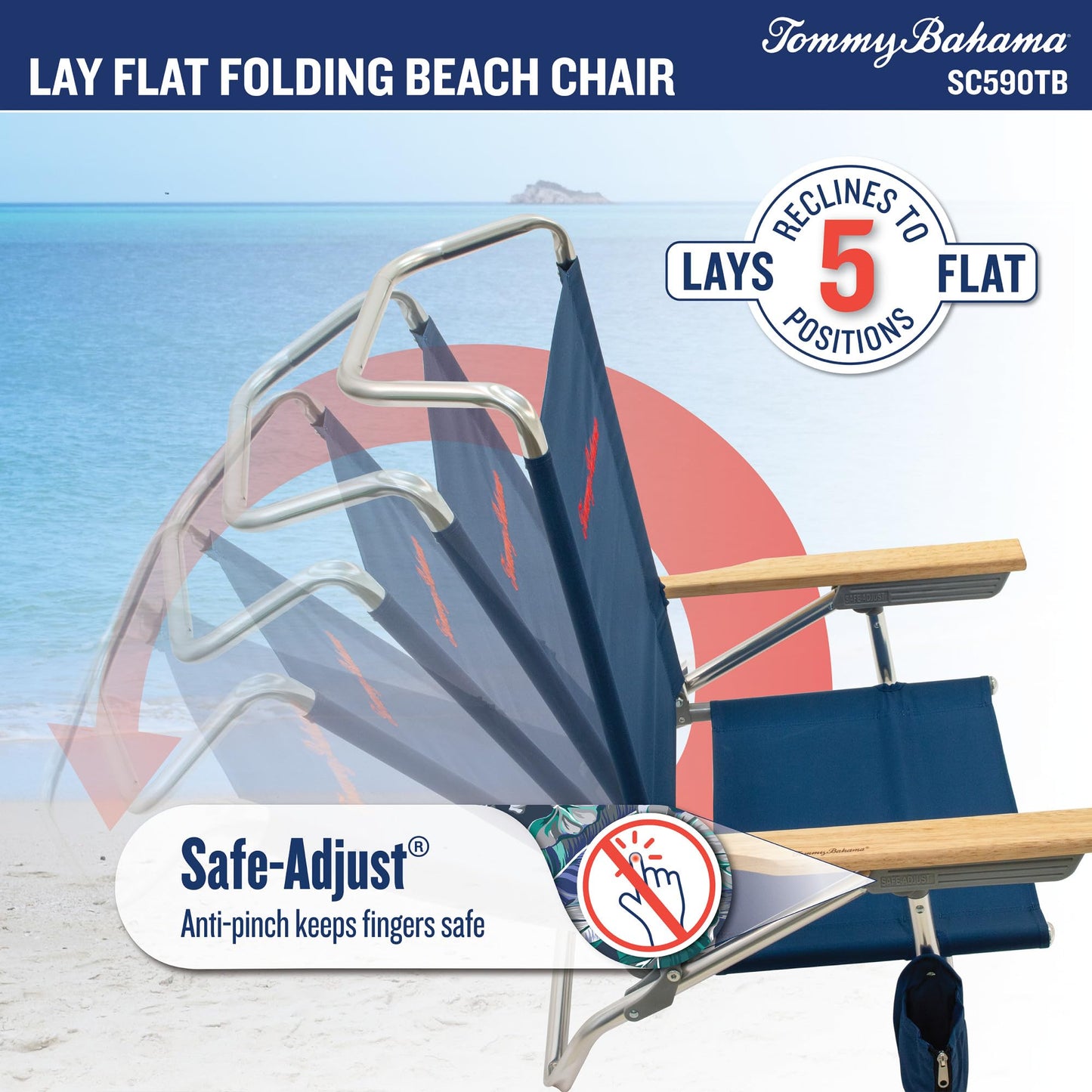 Tommy Bahama 5-Position Lay Flat Cup Holder and Towel Bar Beach Chair, 1-Pack, Turquoise Check