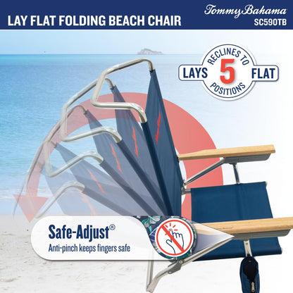 Tommy Bahama 5-Position Lay Flat Cup Holder and Towel Bar Beach Chair, 1-Pack, Turquoise Check