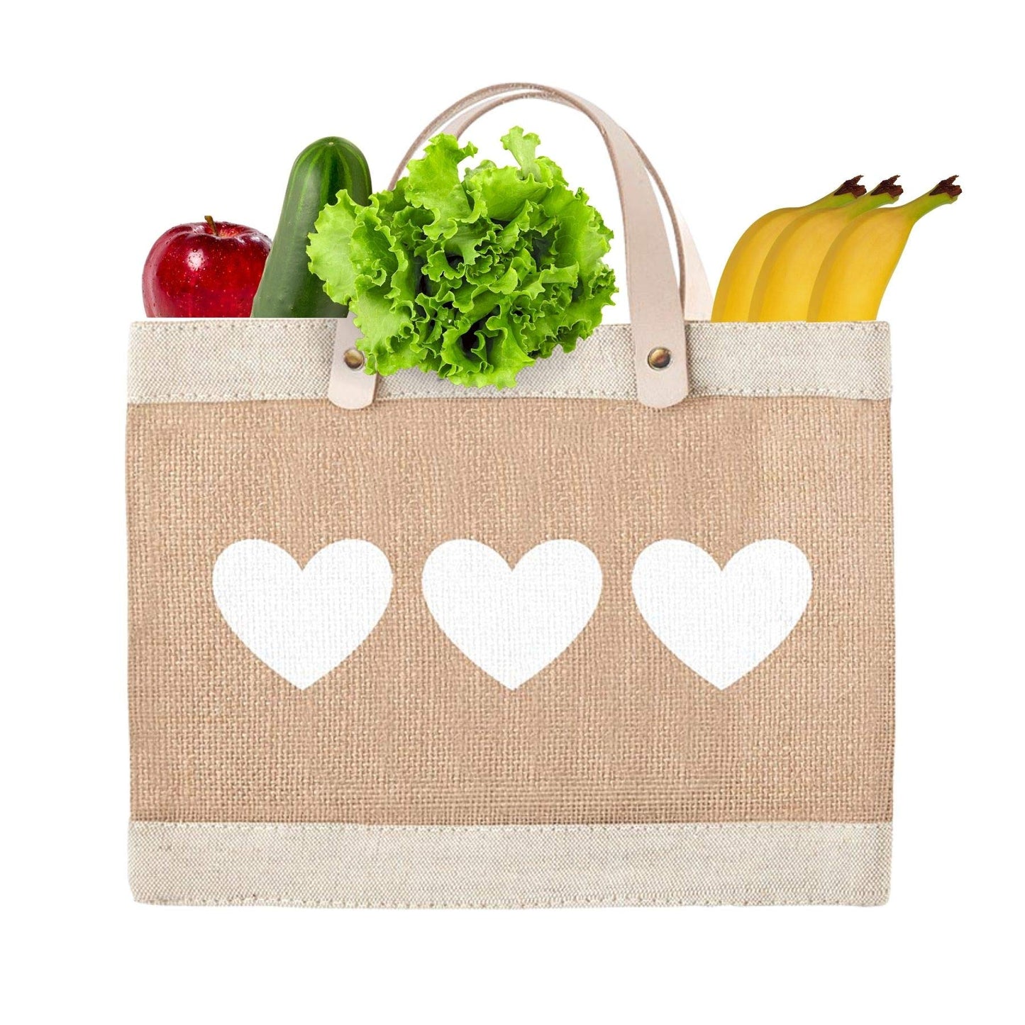 Santa Barbara Design Studio Mini Jute Tote - Natural Burlap Hand Bag with Waterproof lining and Leather Handles, 12.5" x 9.5", Hearts