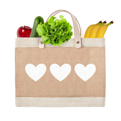 Santa Barbara Design Studio Mini Jute Tote - Natural Burlap Hand Bag with Waterproof lining and Leather Handles, 12.5" x 9.5", Hearts