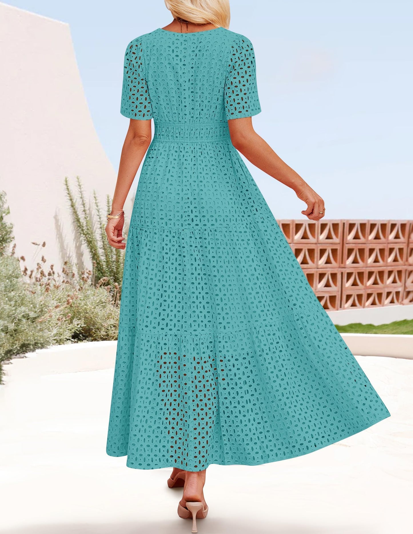ZESICA Women's 2026 Summer Short Sleeve Maxi Dress Casual V Neck Hollow Out Eyelet Ruffle Swing A Line Long Dresses,Aqua,Large