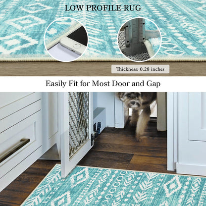 Lahome 2x3 Rustic Geometric Teal/White Area Rug, Machine Washable, Non-Slip Backing, Boho Print Design, Ultra-Thin Soft Indoor Entrance Rug