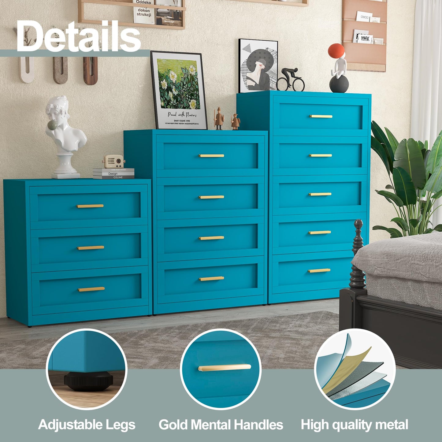 Baborokic Metal 3 Drawer Dresser for Bedroom,Closet Chest Dressers Storage with Drawers,Steel Dressers & Chests of Drawers, Wide Blue Metal Dresser Organizer for Bedroom,Living Room,Hallway