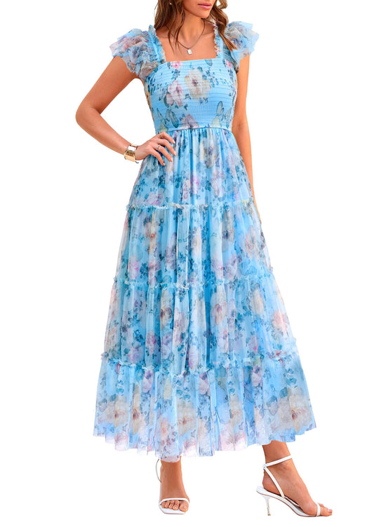 PRETTYGARDEN Women's Summer Tulle Midi Dress Sleeveless Smocked Ruffle Flowy Mesh Dresses Party Wedding Guest Sundress (Floral Blue Yellow,XX-Large)