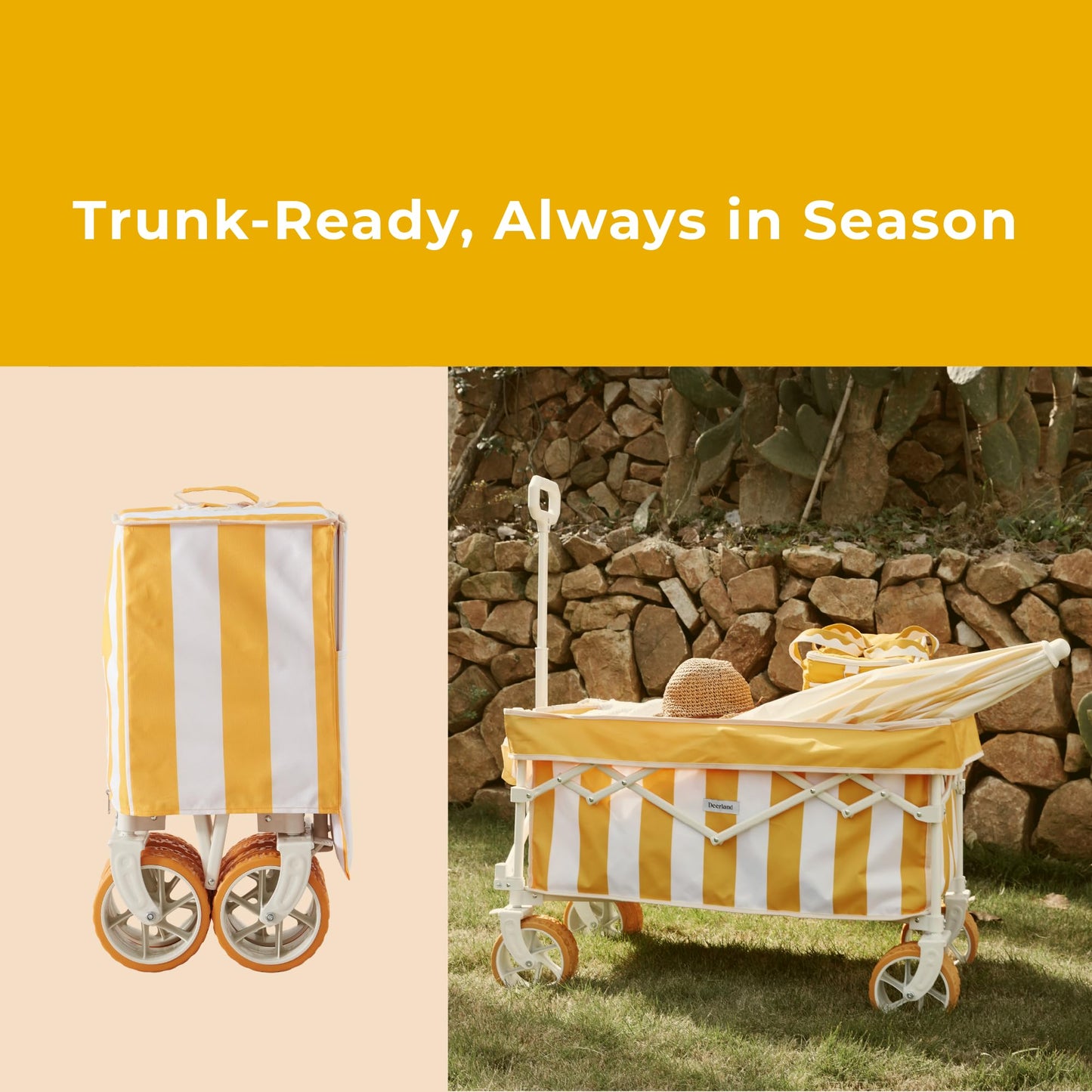 DEER LAND Beach Wagon Cart with Big 6.7" Fat Tires, Foldable Sand Wagon for Beach, Camping & Outdoor Use – Large Capacity, Easy Pull Design, Cala Serena Ochre Stripe