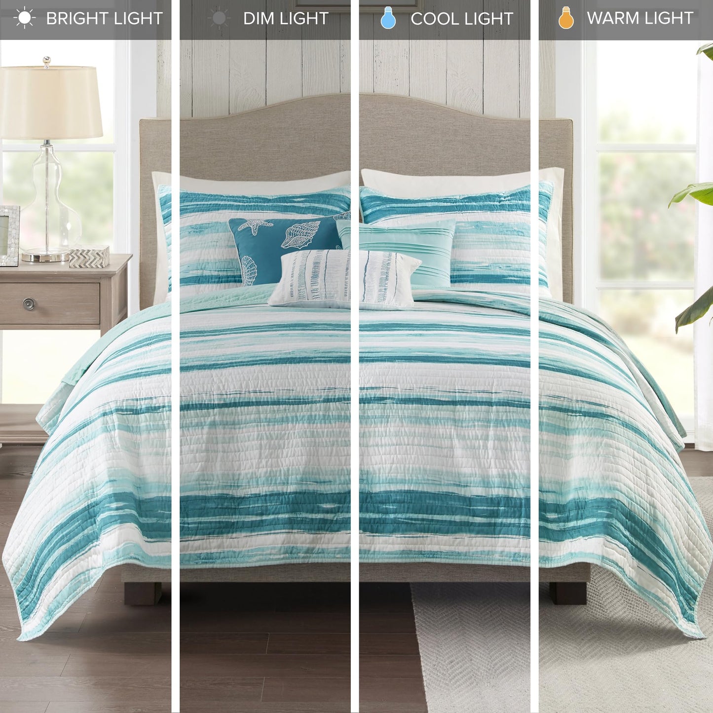Madison Park Marina Comforter Quilt Combo Set - Modern Luxury Design, All Season Down Alternative Bedding, Matching Shams, Decorative Pillows, King/Cal King(104"x92"), Aqua 8 Piece