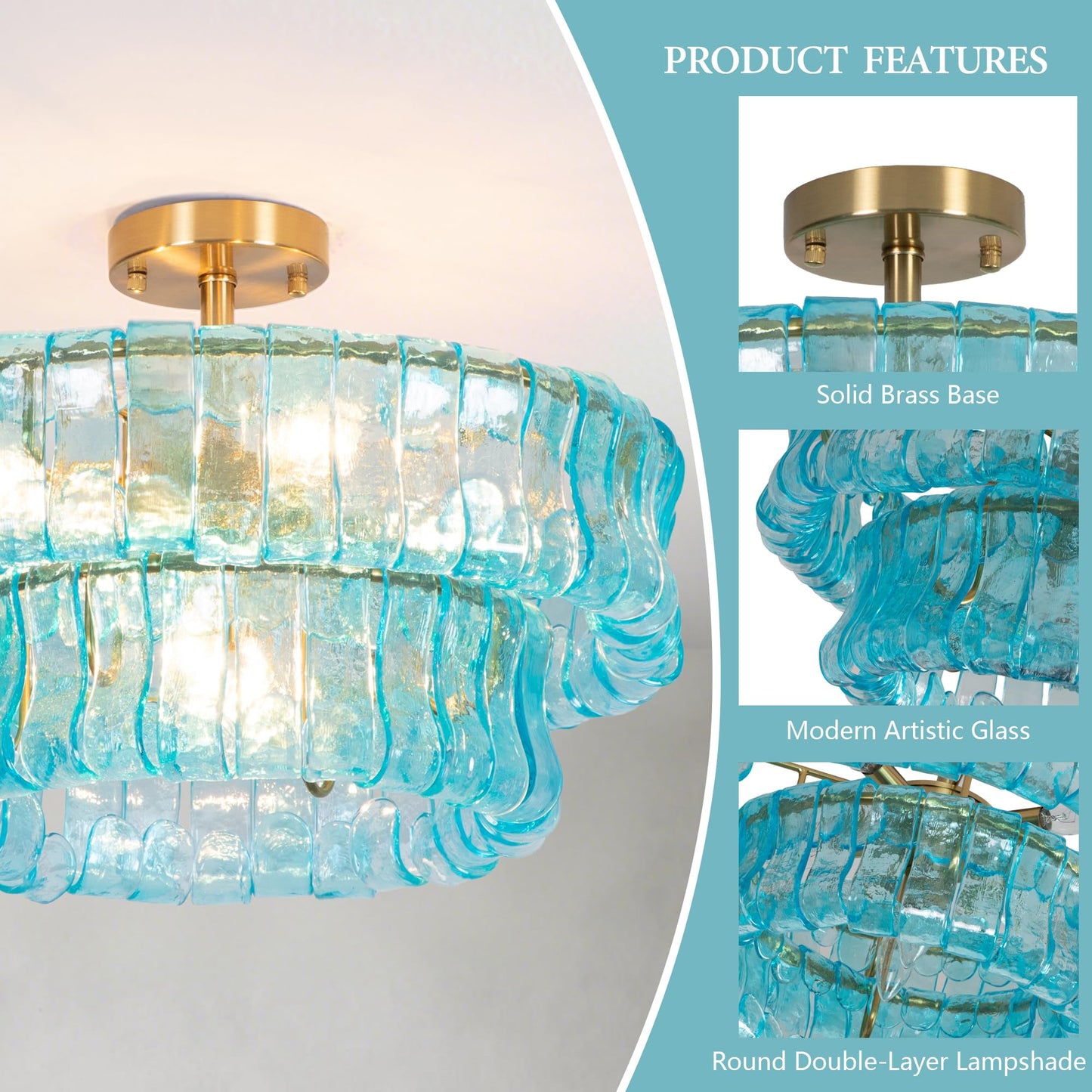 Maxax 20" Coastal Blue Glass Chandelier, Modern 6-Light Round Drum Ceiling Light Fixture, Electroplated Copper E12 Base, for Entryway, Living Room, Bedroom, Kitchen, Dining Room