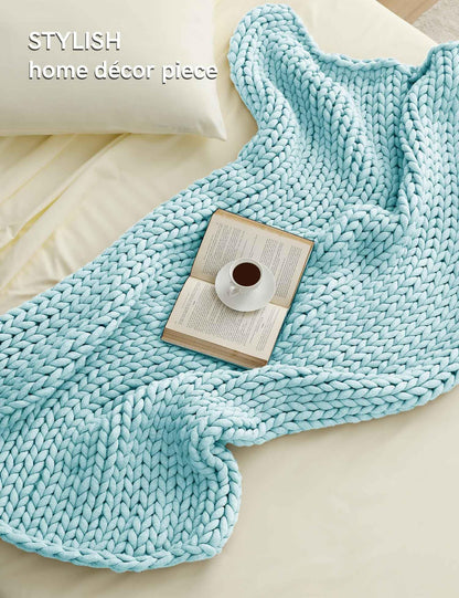 YnM Chunky Throw Blanket, Medium-Weight, Hand Knitted, Skin Friendly, Ventilated and Breathable, Machine Washable, Home Décor Piece for Couch, Sofa and Bed (Aqua Blue, 60x80 Inch)