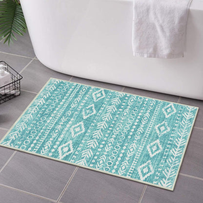 Lahome 2x3 Rustic Geometric Teal/White Area Rug, Machine Washable, Non-Slip Backing, Boho Print Design, Ultra-Thin Soft Indoor Entrance Rug