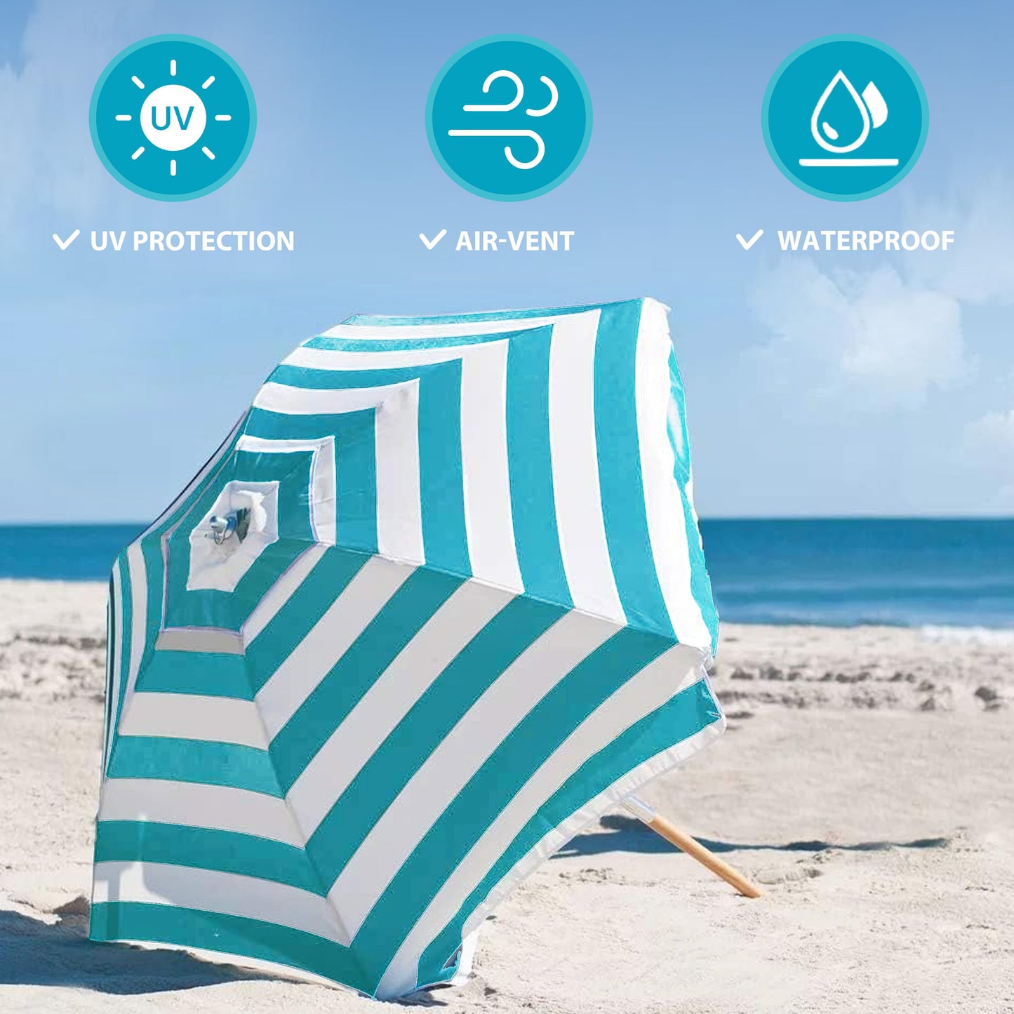 AMMSUN 7.5ft Heavy Duty HIGH Wind Beach Umbrella Commercial Grade Patio Beach Umbrella with Air Vent Ash Wood Pole & Carry Bag Turquoise White
