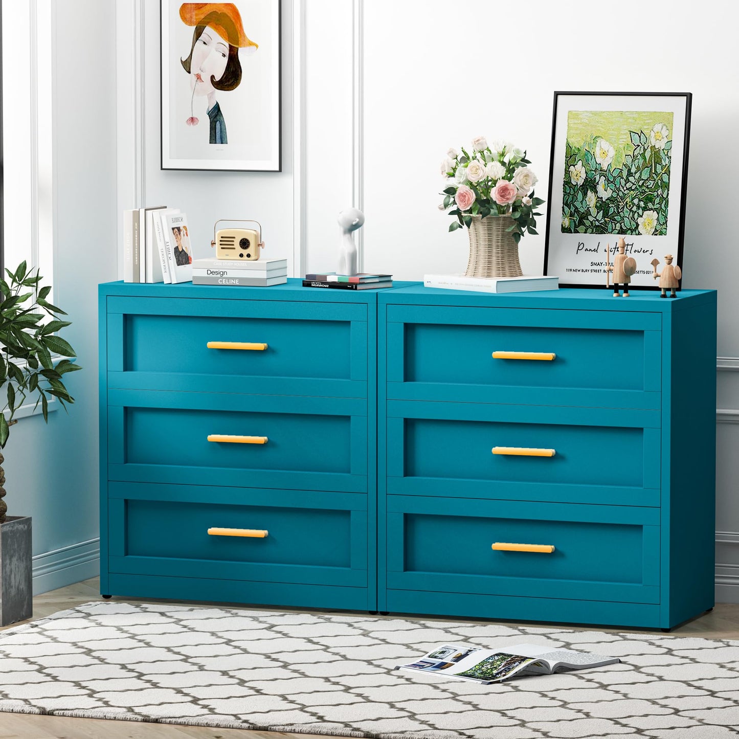 Baborokic Metal 3 Drawer Dresser for Bedroom,Closet Chest Dressers Storage with Drawers,Steel Dressers & Chests of Drawers, Wide Blue Metal Dresser Organizer for Bedroom,Living Room,Hallway