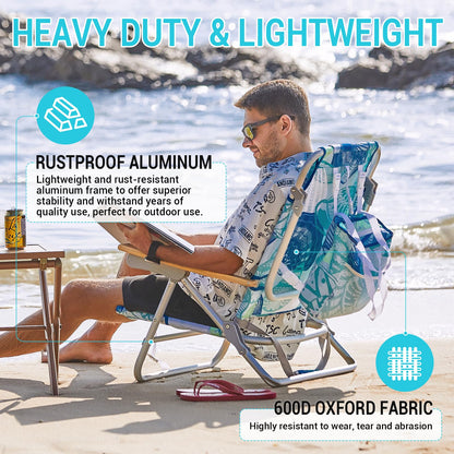 #WEJOY Beach Chair with 4 Positions for Adults Portable Backpack Aluminum Beach Chair with Wooden Armrest Lightweight Folding Chairs with Back Pocket Bag for Lawn Pool Patio Camping (Cyan Green)
